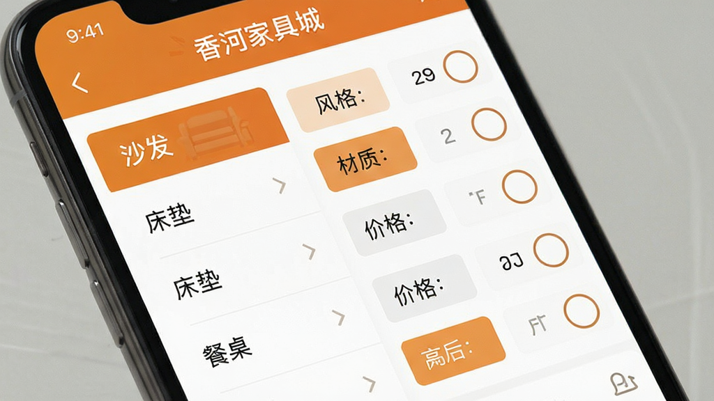 ��ӼҾ߳�APP�Ҿ߷���ɸѡ���棬�ֻ���Ļ��д����Ļ����ʾ����ӼҾ߳ǡ�Ӧ���е�ɸѡҳ�棬�����ɳ�������桢�����ȷ����б����Ҳ��Ƿ�񡢲��ʡ��۸������ɸѡ��ǩ��������ɫ��ů��ɫ�Ͱ�ɫΪ�������ֹ����������ˬ������������������Ԫ��
