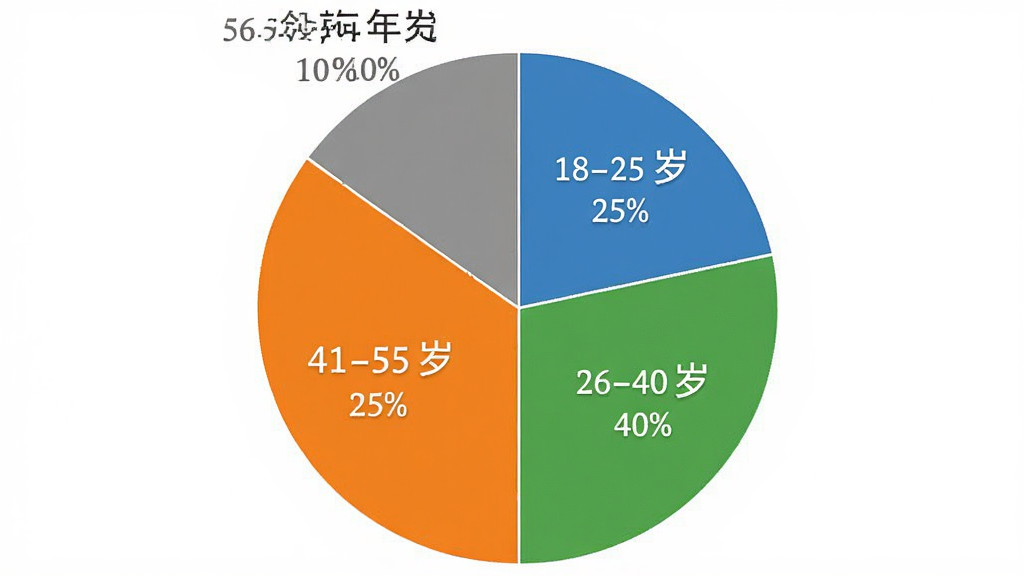 一张饼状图,展示“全球港”用户年龄分布,饼图分为四块,分别标注“18-25岁 25%”、“26-40岁 40%”、“41-55岁 25%”、“56-60岁 10%”,图表背景为白色,配色为蓝、绿、橙、灰,风格简洁清晰,画质干净,无多余元素