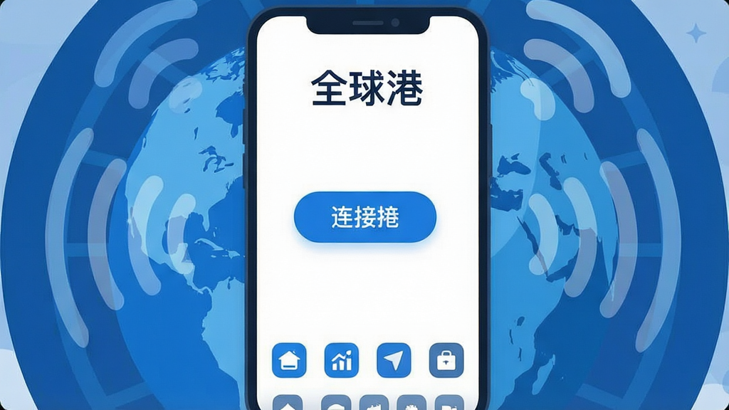 一张手机屏幕截图风格的插画,画面中央是“全球港”App的图标和主界面,背景是蓝色的地球和环绕的WiFi信号波纹,界面设计简洁,顶部显示“全球港”三个字,中间有一个醒目的连接按钮,底部排列着几个功能图标,整体色调以蓝色和白色为主,风格现代扁平,画质干净清晰,无多余元素