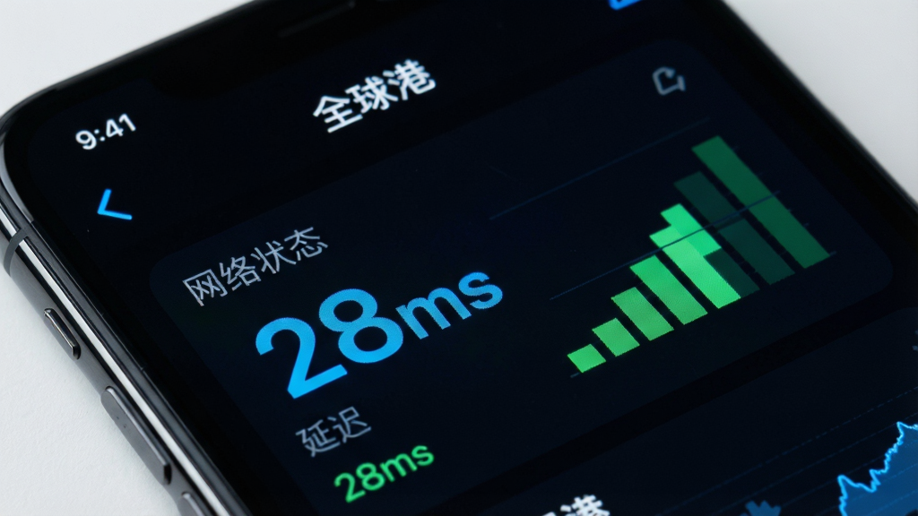 一张手机App界面的特写图,画面展示“全球港”App的网络状态监测页面,屏幕上清晰显示着延迟数值“28ms”和信号强度格数,界面背景为深色护眼模式,文字和图表为亮蓝色和绿色,风格简洁专业,画质锐利干净,无多余元素