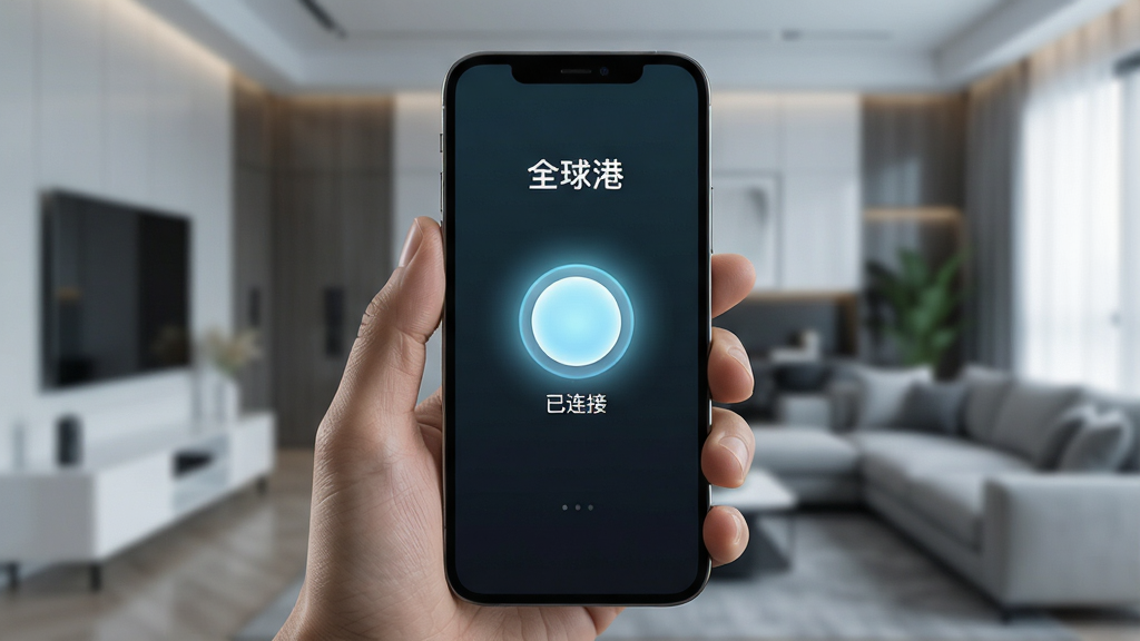一张手机界面展示图,画面中一只手拿着手机,手机屏幕上显示“全球港”App的一键连接界面,中间是一个发光的圆形连接按钮,按钮下方显示“已连接”状态,周围有淡蓝色的光晕效果,背景是虚化的现代家居环境,风格写实且科技感强,画质干净,无多余元素