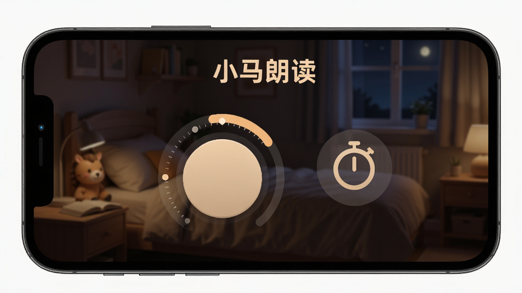 小马朗读定时与语速调节界面,手机屏幕显示圆形速度调节旋钮和定时器图标,背景是夜晚卧室场景,软件名称小马朗读出现在屏幕上方,风格温馨暗色调,细节清晰,画质干净无多余元素