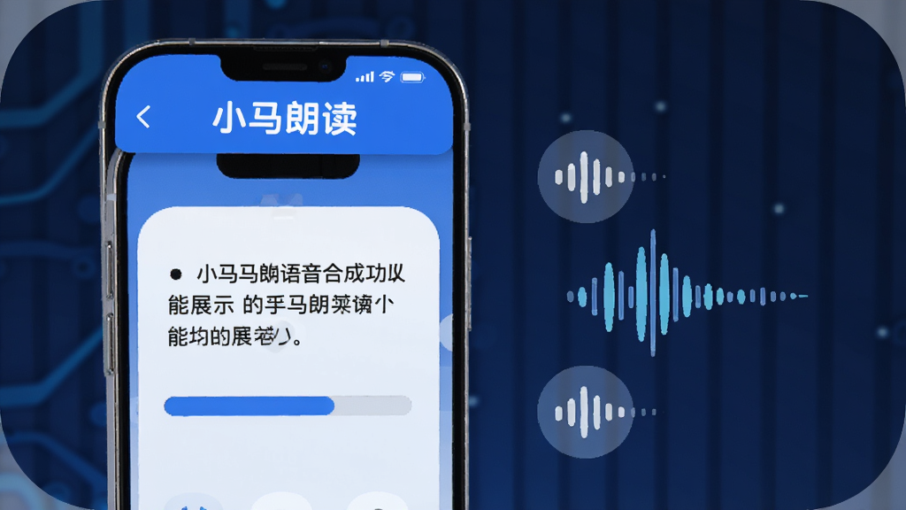 小马朗读语音合成功能展示,画面中手机屏幕显示文字转语音的进度条,旁边有多个声音波形图标,软件名称小马朗读在顶部醒目显示,布局简洁,科技感蓝色调,细节圆润,画质干净无多余元素