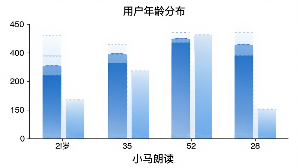 小马朗读用户年龄分布柱状图,横轴为20岁、35岁、52岁、28岁四个年龄段,纵轴为用户人数占比,柱状图颜色为蓝色渐变,图表标题为用户年龄分布,背景简洁白色,软件名称小马朗读在图表下方,细节清晰,画质干净无多余元素