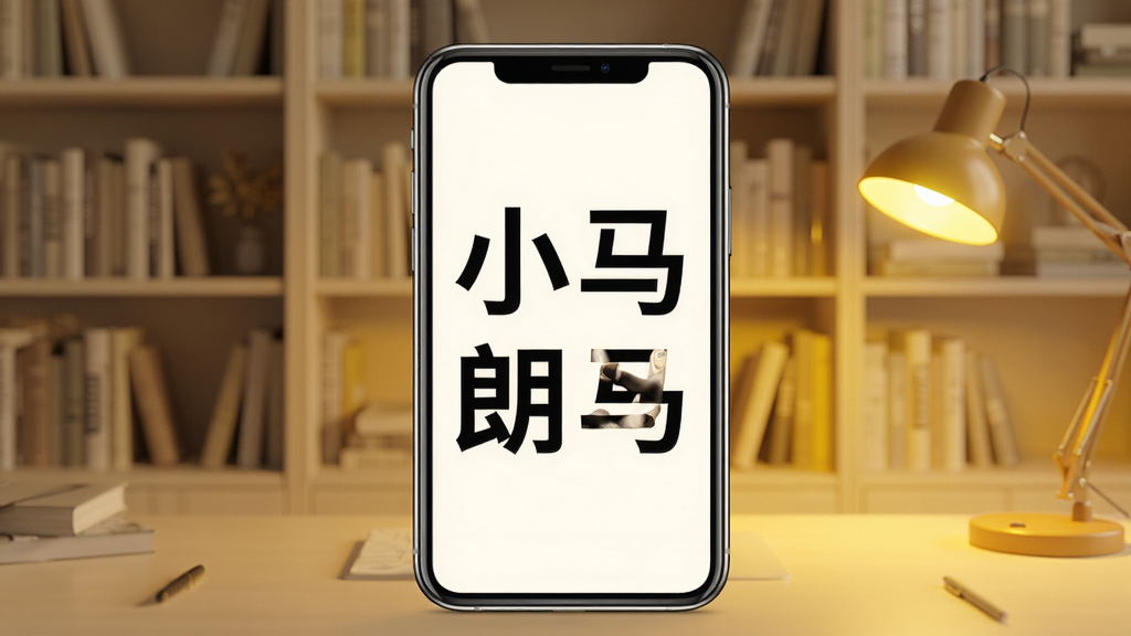 小马朗读软件主界面展示,画面中央是手机屏幕,屏幕内显示小马朗读四个大字,背景是温馨的书房场景,书架上摆满书籍,暖黄色灯光,风格简约现代,细节清晰,画质干净无多余元素