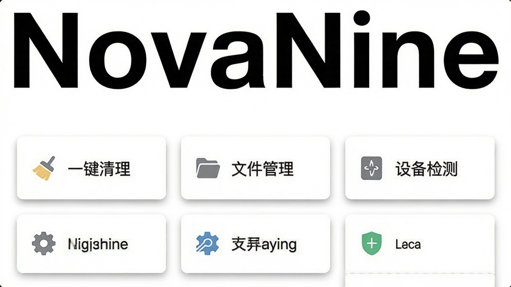 一张展示 NovaNine 软件内部功能界面的截图,界面背景为纯白色,上方有醒目的“NovaNine”文字标识,下方整齐排列着几个功能卡片,卡片上写着“一键清理”、“文件管理”、“设备检测”等字样,卡片边缘有淡淡的阴影,界面没有任何广告横幅和弹窗,风格极简清新,画质干净无多余元素