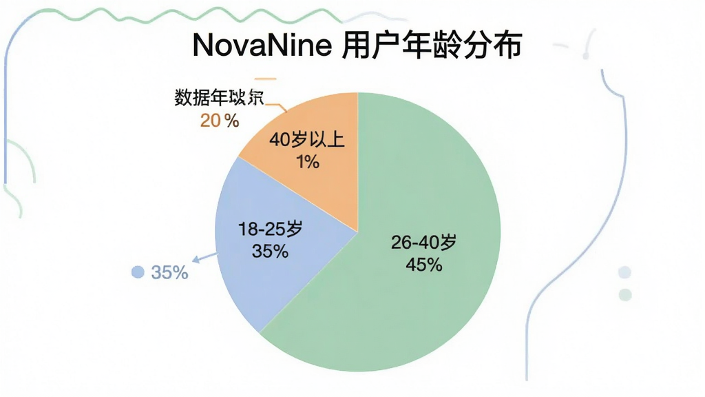 一张数据统计图表,展示 NovaNine 用户年龄分布,图表类型为饼状图,分为三个扇形区域,分别标注“18-25岁 35%”、“26-40岁 45%”、“40岁以上 20%”,图表配色采用柔和的蓝、绿、橙三色,背景为纯白色,风格简洁现代,画质清晰,图表上方有文字“NovaNine 用户年龄分布”