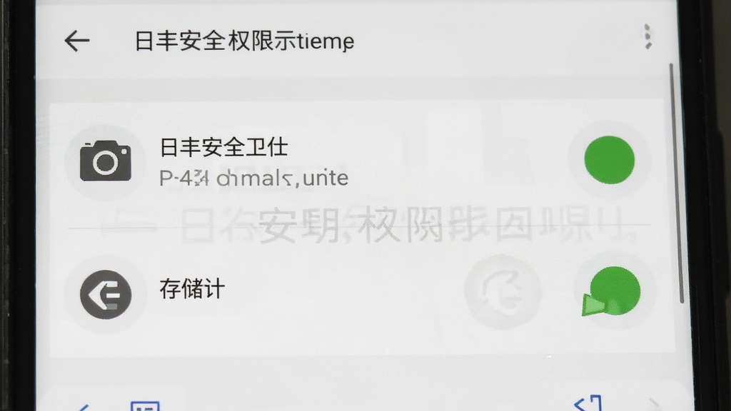 日丰安全卫士安装权限设置示意图,手机屏幕显示应用权限管理页面,相机和存储两个权限旁边有绿色开启状态,界面风格为安卓原生设置页面,画质清晰