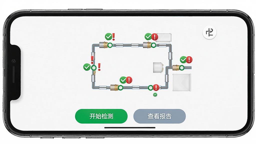 日丰安全卫士管路检测功能界面展示,手机屏幕画面中显示一张家庭水路走向图,上面标注了多个检测节点,每个节点旁边有绿色对勾和红色感叹号标识,底部有“开始检测”和“查看报告”两个按钮,风格偏向工具类应用,背景干净,画质清晰