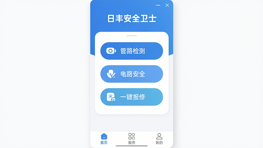 日丰安全卫士软件主界面全貌展示,画面中央是简洁的蓝白色调App首页,顶部显示“日丰安全卫士”文字标识,中间区域排列着管路检测、电路安全、一键报修三个圆角功能按钮,底部为首页、服务、我的三个导航标签,整体布局干净利落,风格现代扁平,图标细节圆润,画质清晰无多余元素