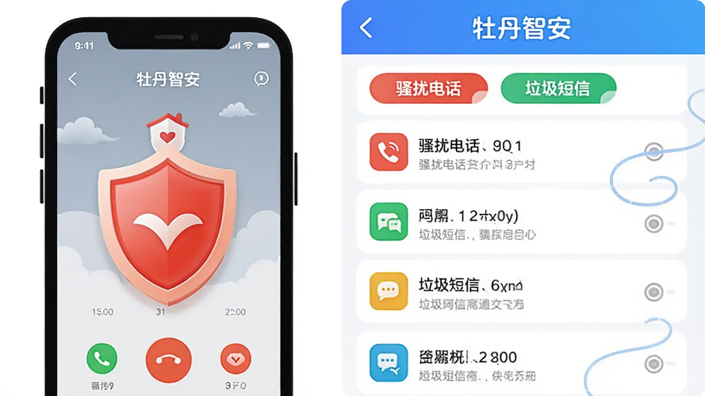画面主体是牡丹智安APP的骚扰拦截功能界面,布局为左右结构,左侧是一个手机屏幕显示来电界面被红色盾牌挡住,右侧是