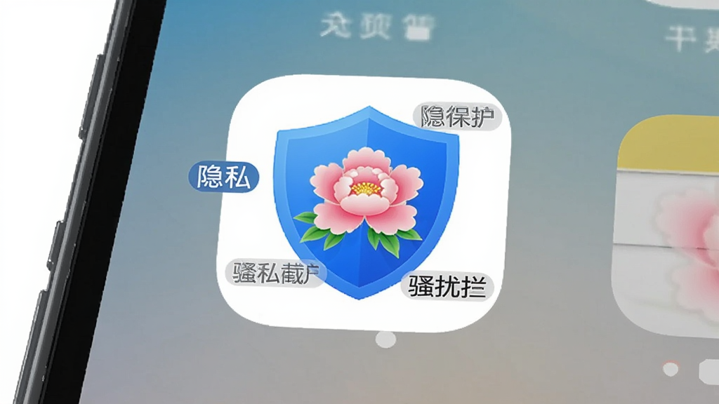 一张展示牡丹智安APP在手机桌面上图标的图片,图标为蓝色盾牌带牡丹花图案,周围有