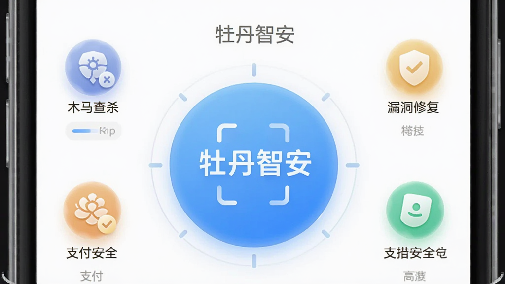 画面主体是牡丹智安APP的手机体检界面,布局为居中结构,中心是一个巨大的圆形扫描按钮,按钮上方显示