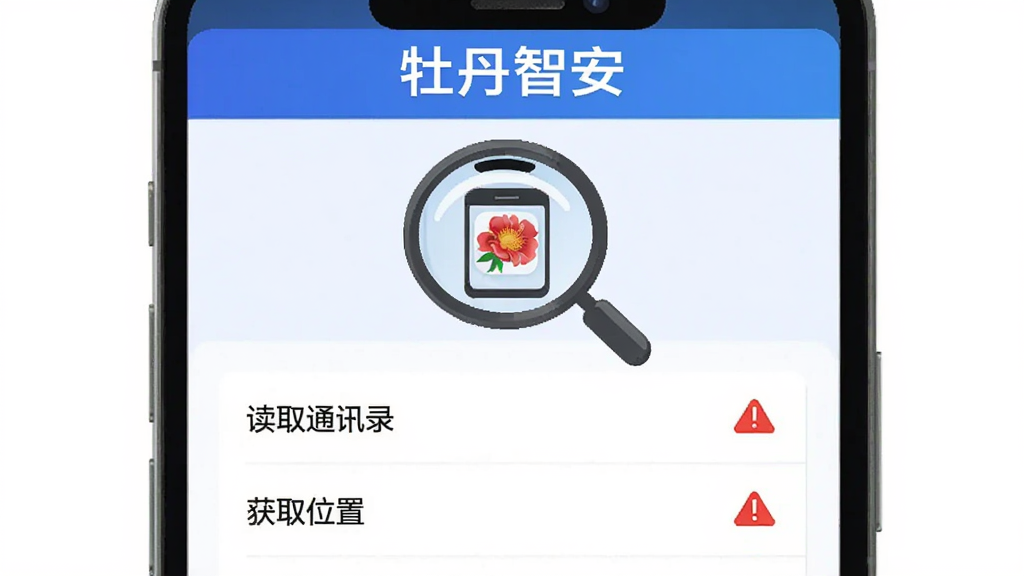 画面主体是牡丹智安APP的隐私权限监控界面,布局为上下结构,上方显示