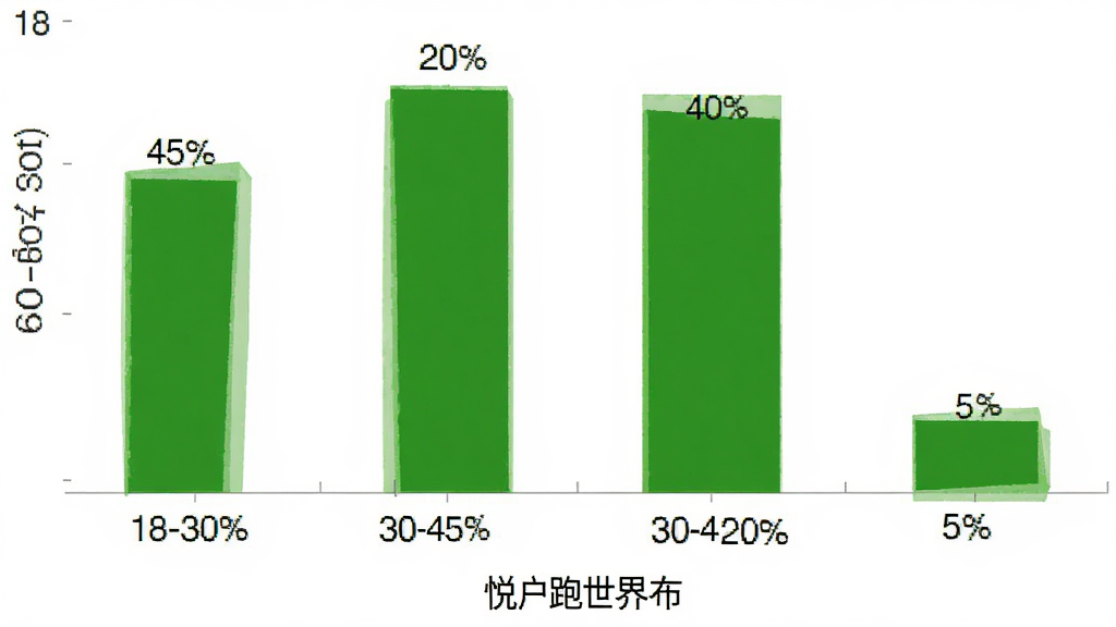 悦跑世界 用户年龄分布柱状图 18-30岁35% 30-45岁40% 45-60岁20% 60岁以上5% 绿色柱状 白色背景 简洁数据可视化