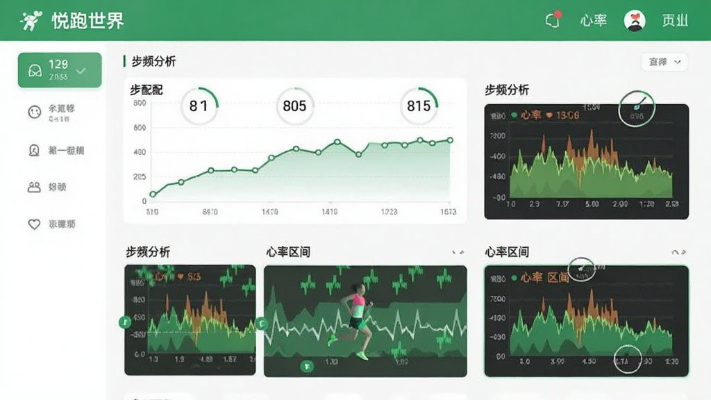 悦跑世界 功能界面 多维度数据看板 配速曲线 步频分析 心率区间 绿色和白色主色调 扁平化设计 干净清爽