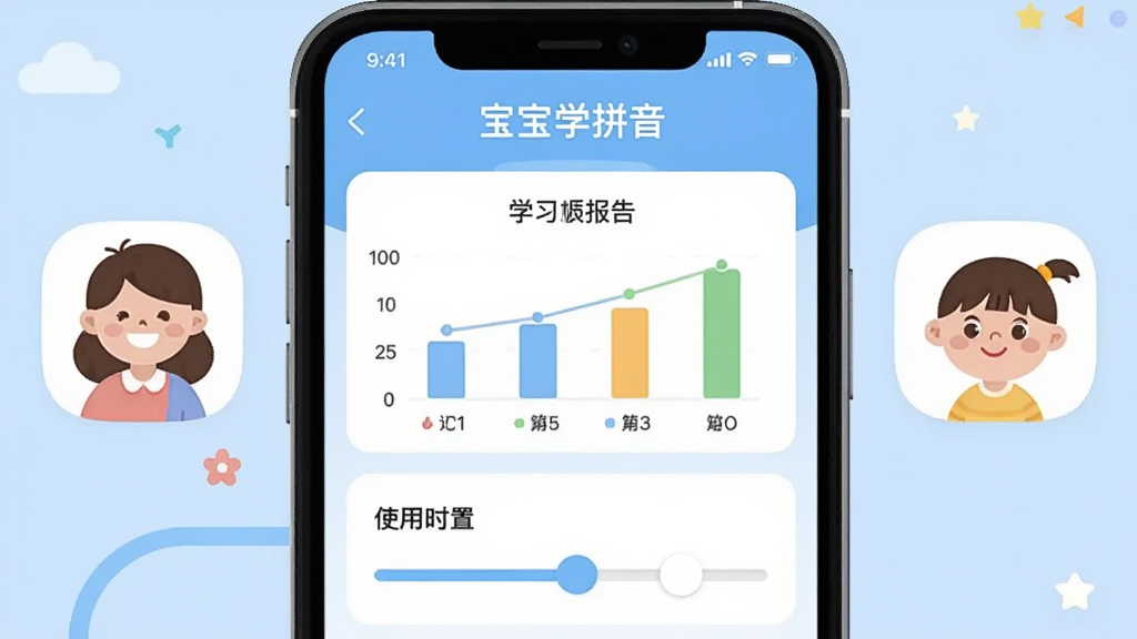 һ��չʾ������ѧƴ����App�ҳ��ܿؽ����ͼƬ��������һ���ֻ���Ļ��ʾѧϰ����ͼ����ʹ��ʱ�����û��飬�Ա��п�ͨ�ҳ��ͺ��ӵ�ͷ��ͼ�꣬�����Ǽ���ǳ��ɫ��������ִ���ƽ����ƣ��������������ʸɾ��޶���Ԫ��