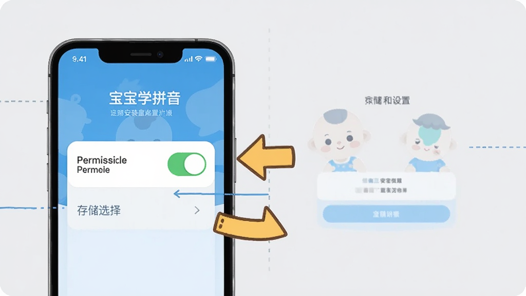 һ��չʾ������ѧƴ����App��װ�����ý����ͼƬ��������һ���ֻ���Ļ��ʾȨ�޿��غʹ洢ѡ��ѡ��Ա��п�ͨ��ͷָʾ�������裬�����Ǽ���ǳ��ɫ��������ִ���ƽ����ƣ��������������ʸɾ��޶���Ԫ��