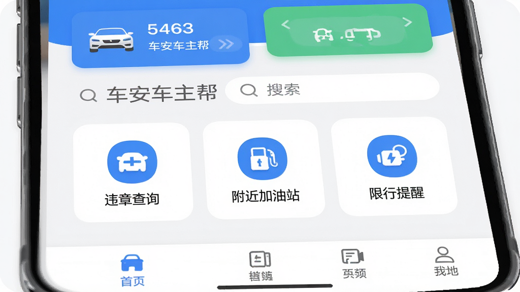 车安车主帮软件首页界面截图,主体是一个手机屏幕展示App主界面,布局顶部是车辆状态卡片和搜索框,中间是违章查询、附近加油站、限行提醒三个大图标按钮,底部是导航栏,排版清晰整齐,风格现代简约扁平化,细节上图标圆润颜色以蓝色和白色为主,画质高清干净无多余元素,屏幕中文字显示“车安车主帮”
