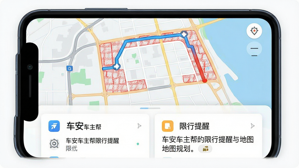 车安车主帮限行提醒与地图规划界面,主体是手机屏幕展示地图路线,布局上半部分是地图显示限行区域用红色斜纹标注,下半部分是路线方案卡片和限行提醒文字,排版上下结构,风格科技感扁平,细节上路线线条流畅颜色对比明显,画质高清干净无多余元素,屏幕中文字显示“车安车主帮”