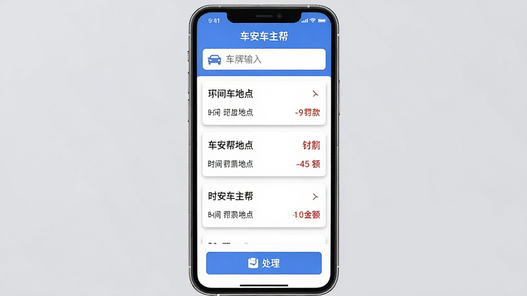 车安车主帮违章查询功能展示图,主体是手机屏幕显示违章列表,布局顶部是车牌输入框,中间是三条违章记录卡片分别显示时间地点罚款金额,底部是处理按钮,排版纵向排列,风格商务简洁,细节上卡片有轻微阴影文字清晰,画质干净无多余元素,屏幕中文字显示“车安车主帮”