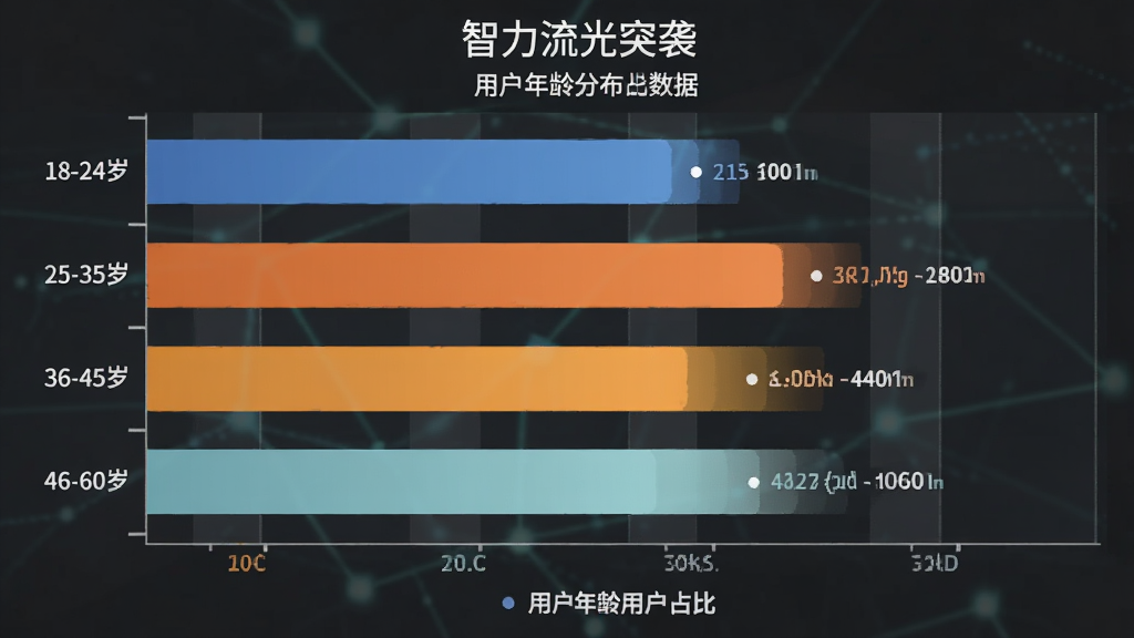 智力流光突袭 用户年龄分布柱状图 主体为不同年龄段用户占比数据 布局为横向柱状图 排版清晰 风格为数据可视化 细节包括18-24岁 25-35岁 36-45岁 46-60岁四个区间 画质清晰 干净 无多余元素