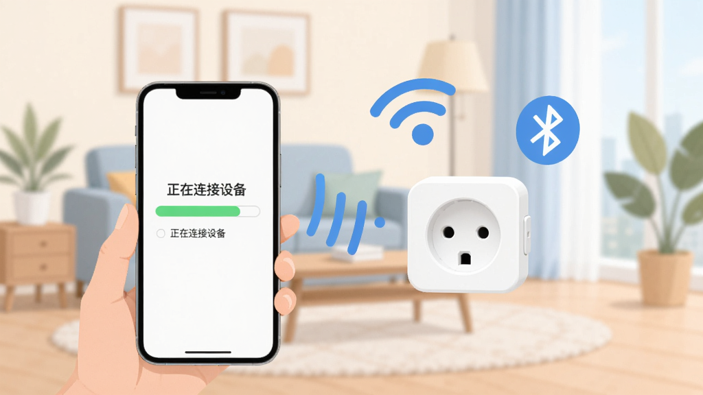 安寻物联一键配网功能示意图,画面中一部手机正对着一个智能插座,手机屏幕显示“正在连接设备”的进度条,周围有WiFi和蓝牙的图标漂浮,背景是家庭客厅场景,整体风格扁平化,色彩柔和,画质干净,无多余元素