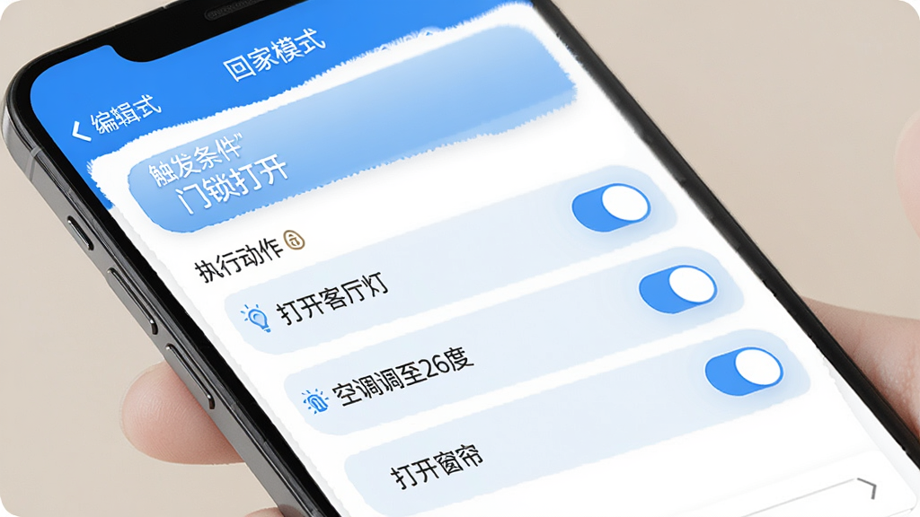 安寻物联场景联动设置界面,手机屏幕显示“回家模式”的编辑页面,上方是触发条件“门锁打开”,下方是执行动作列表“打开客厅灯”“空调调至26度”“打开窗帘”,每个动作旁边有开关按钮,界面以卡片形式排列,蓝白配色,风格整洁,画质清晰,无多余元素