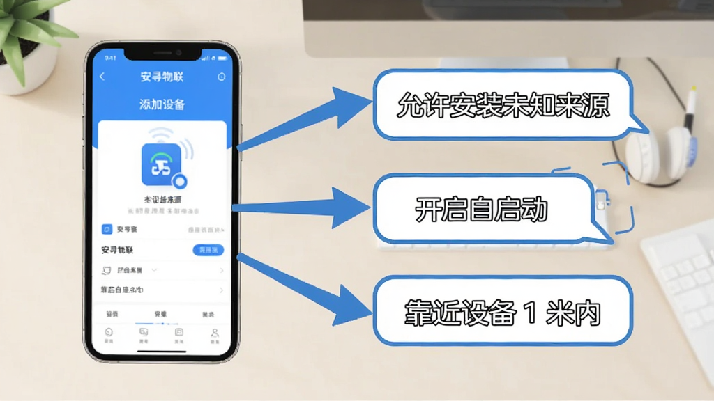 安寻物联新手操作示意图,画面中一部手机显示安寻物联的添加设备页面,旁边有箭头指向“允许安装未知来源”“开启自启动”“靠近设备1米内”三个提示气泡,背景是简洁的桌面,风格扁平化,蓝白配色,画质干净,无多余元素