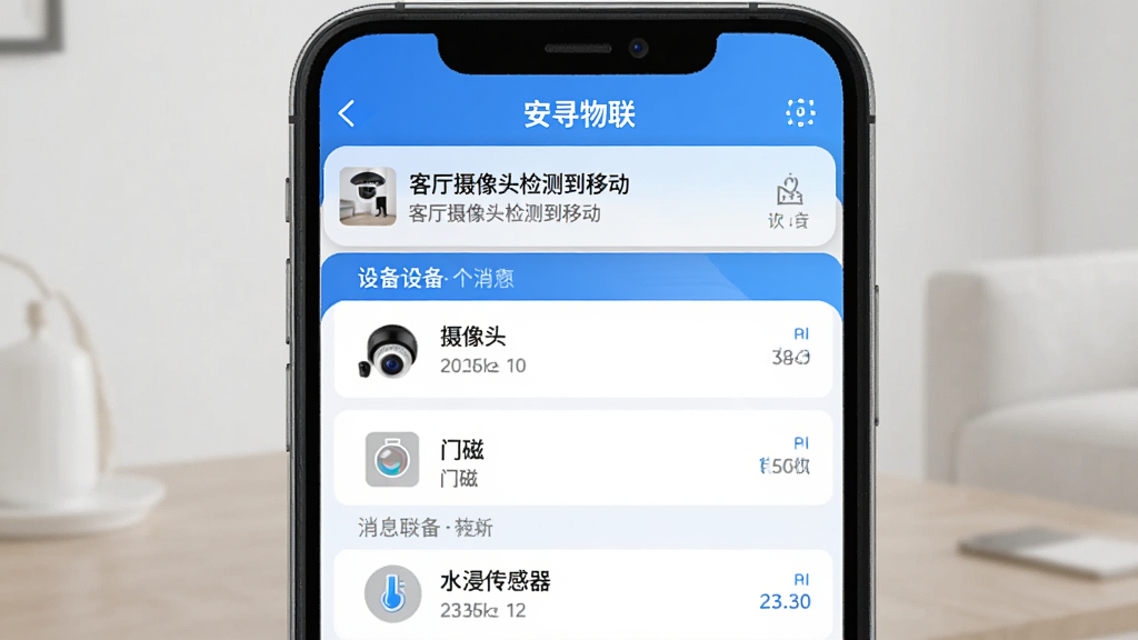 安寻物联告警消息推送界面,手机屏幕显示通知栏弹出“客厅摄像头检测到移动”的消息,下方是安寻物联APP内的消息列表,按设备分组显示,有摄像头、门磁、水浸传感器等条目,界面简洁,蓝白配色,画质干净,无多余元素