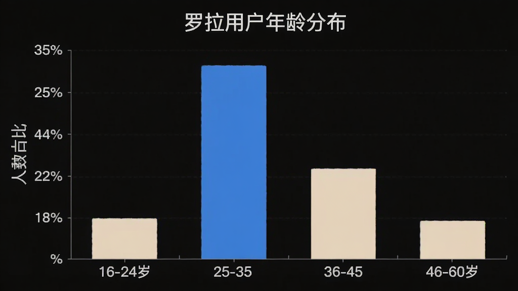 一幅罗拉用户年龄分布柱状图,横轴标注年龄区间16-24岁、25-35岁、36-45岁、46-60岁,纵轴标注人数占比百分比,柱状图显示25-35岁占比最高约35%,16-24岁约25%,36-45岁约22%,46-60岁约18%,图表上方写着罗拉用户年龄分布,整体风格简洁专业,画质干净