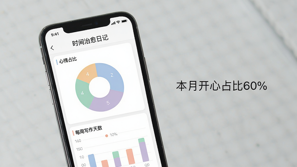 һ��չʾ��ʱ�������ռǡ�App����ͳ��ҳ��Ľ���ͼ���ֻ���Ļ��ʾ��״ͼ����״ͼ���ֱ�չʾ����ռ�Ⱥ�ÿ��д��������ͼ����ɫ��ͣ��Ա�������˵�������¿���ռ��60%�������岼������������Լ�����ʸɾ����޶���Ԫ��