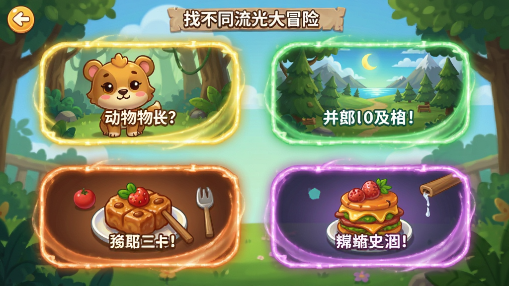 找不同流光大冒险 游戏关卡选择界面,展示多个主题章节如动物、风景、美食等,每个章节有不同颜色的流光边框,界面布局清晰,风格卡通可爱,画质干净明亮,无多余元素