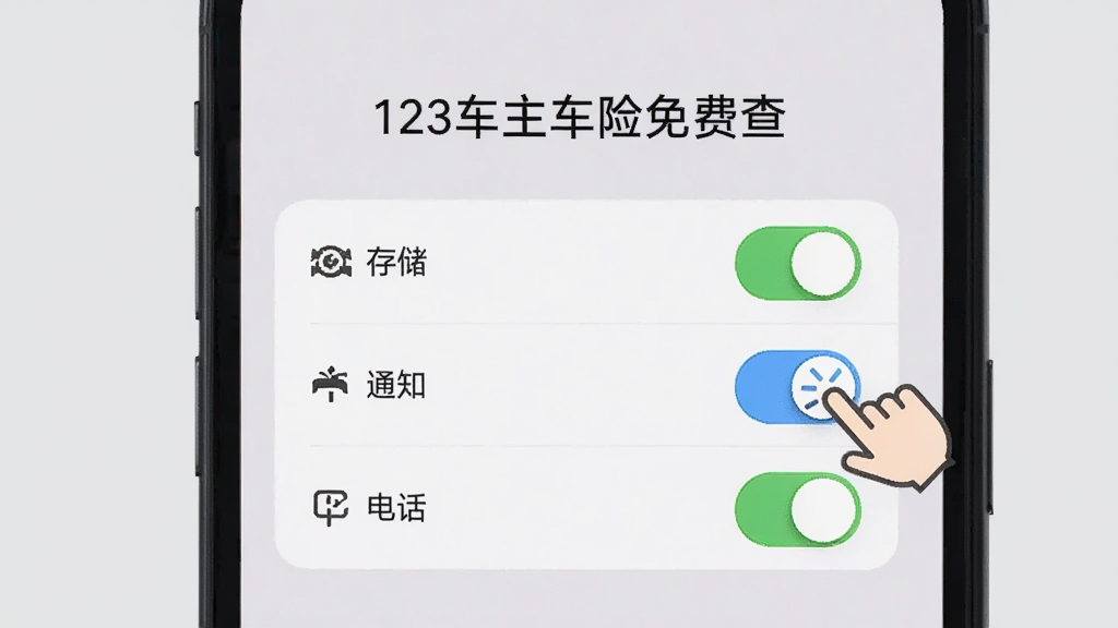 手机屏幕显示“123车主车险免费查”的权限设置界面,有存储、通知、电话三个权限开关,旁边配有手指点击的图标,背景为浅灰色,风格简洁说明性,画质清晰