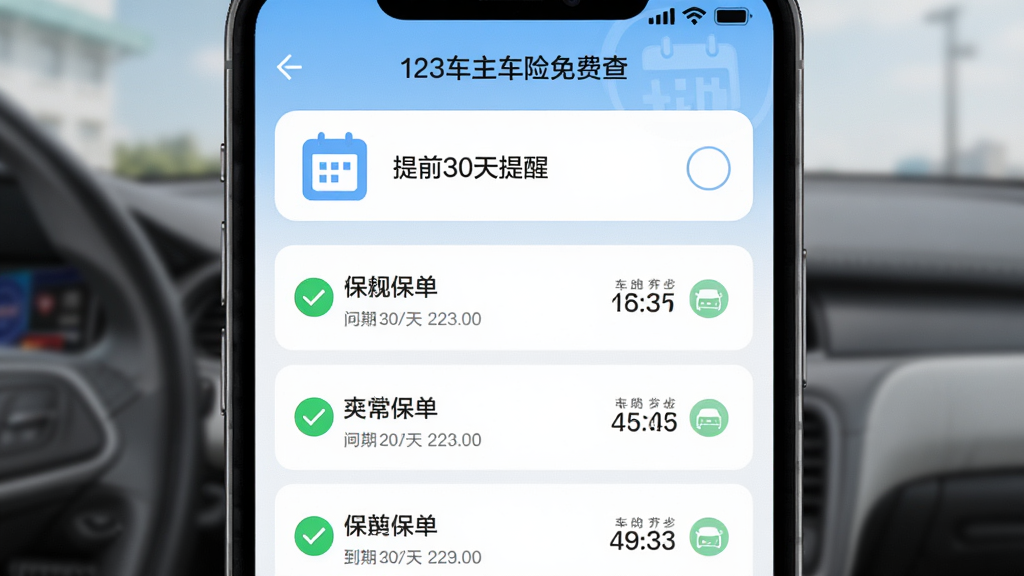 “123车主车险免费查”应用内的到期提醒设置页面,显示日历图标和“提前30天提醒”选项,下方有多个保单列表,每个保单旁边有绿色对勾和到期倒计时,界面风格清新,以浅色为主,画质明亮无杂乱