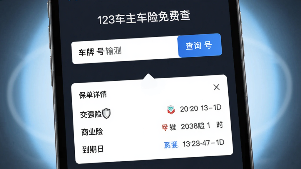 “123车主车险免费查”界面特写,展示车牌号输入框和查询按钮,屏幕下方弹出保单详情卡片,卡片上清晰显示“交强险”、“商业险”、“到期日”等字段,背景有淡蓝色光晕,风格简洁商务,画质干净