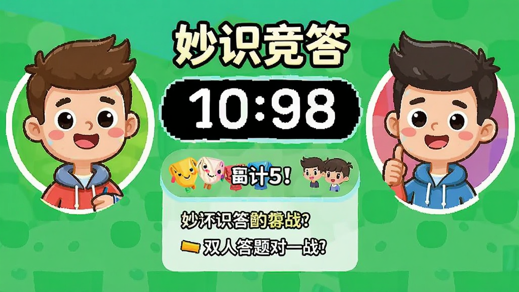 妙识竞答 双人答题对战场景 两个卡通形象头像在屏幕两侧 中间是倒计时进度条和题目 风格活泼 色彩明快 干净 无多余元素
