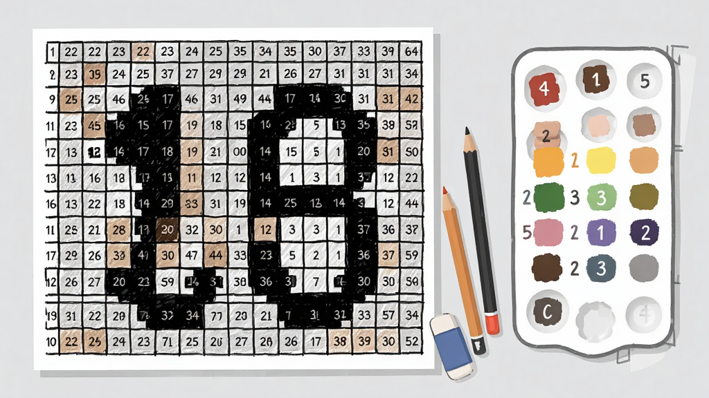 一张展示拼豆画数字填色功能的生图,画面主体是一张放大的像素画图纸,图纸上布满了带数字的网格,旁边有一个调色盘,调色盘上标注了数字与颜色的对应关系。布局上图纸占据画面左侧三分之二,调色盘在右侧。风格是简洁明快的教学插图风,细节上可以看到铅笔和橡皮擦工具,画质干净,背景为浅灰色,无多余元素。