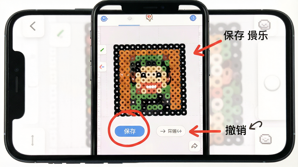 一张展示拼豆画新手操作界面的生图,画面主体是手机屏幕特写,屏幕上显示着拼豆画的画板界面,画面中有红色圆圈标注出“保存”按钮和“撤销”按钮,旁边有简单的箭头指示。布局采用手机居中,标注元素分布在四周。风格是简洁的UI说明图,细节上标注清晰,画质干净,背景为纯白色,无多余元素。