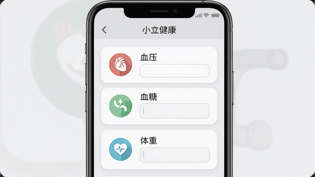 手机屏幕展示“小立健康”App的数据记录页面,画面中有血压、血糖、体重三个卡片式记录入口,每个卡片上有对应的图标和输入框,背景是浅灰色,风格扁平化,文字清晰,画质干净无多余元素