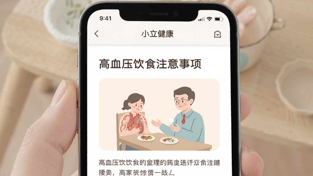 手机屏幕展示“小立健康”App的健康知识阅读页面,画面中是一篇关于高血压饮食注意事项的文章,配有简单的插图,排版清爽,字体舒适,风格温和,画质干净无多余元素