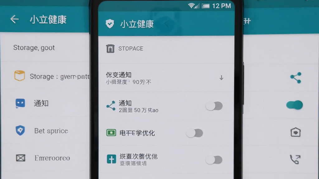 一部安卓手机屏幕上显示“小立健康”App的权限设置页面,画面中有存储、通知、电池优化等选项开关,背景是系统设置界面,风格原生安卓,文字清晰,画质干净无多余元素
