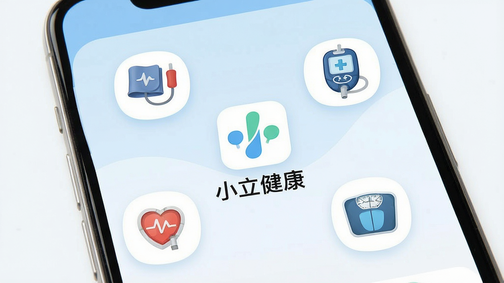 一张手机屏幕展示健康管理App的界面截图,画面中央是App的Logo和名称“小立健康”,周围环绕着血压计、血糖仪、体重秤等健康设备图标,背景是柔和的蓝白色调,风格简洁现代,细节清晰,画质干净无多余元素