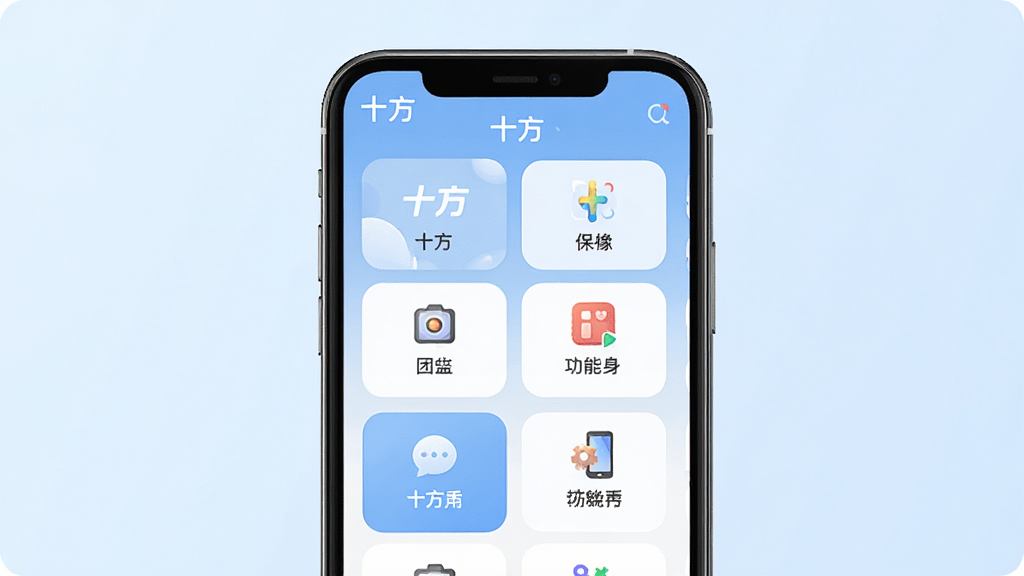 һ��AI���ɵ�ʮ�����ܽ���ʾ��ͼ������������һ���ֻ�����Ļ��չʾʮ��App�Ĺ��ܾۺ�ҳ�棬������ܿ�Ƭ�������У�ÿ����Ƭ���м���ͼ������ֱ�ǩ������Ϊ����ɫ���䣬����ִ���ƽ��ͼ��Բ�󣬻��ʸɾ���ͼƬ���������֡�ʮ�������ֱ�ʶ���޶���Ԫ�ء�