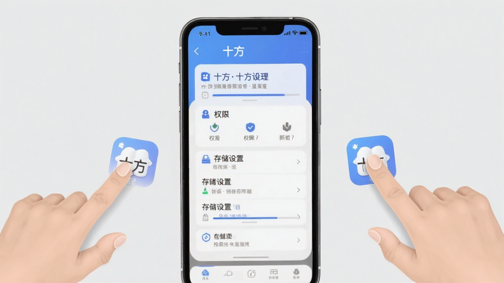 һ��AI���ɵ��ֻ�����ָ��ʾ��ͼ������չʾһ���ֻ���Ļ�ϵ�ʮ��App���ý��棬�Ա�����ָ�����ʾ�⶯���������а���Ȩ�޹����ʹ洢���õ�ѡ������������죬����Ϊǳ��ɫ��ͼƬ�������ɼ���ʮ����Ӧ�����ƣ����ʸɾ��޶���Ԫ�ء�