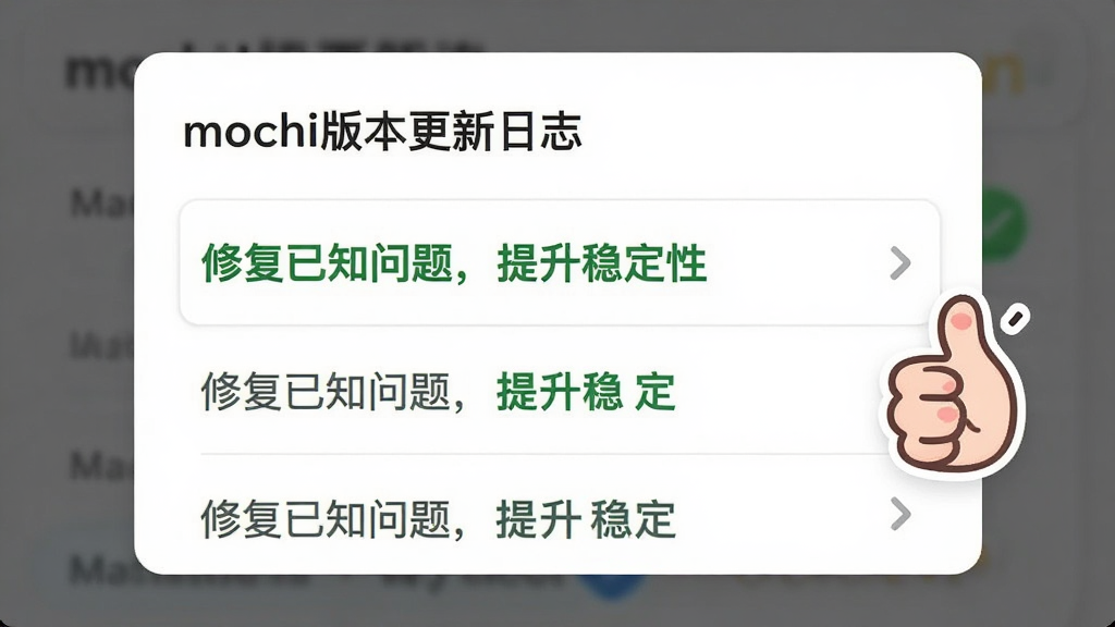 一张展示mochi版本更新日志的界面截图,列表中用绿色字体写着“修复已知问题,提升稳定性”,背景是简洁的白色卡片设计,旁边有一个可爱的卡通小手点赞图标,画面干净无多余元素