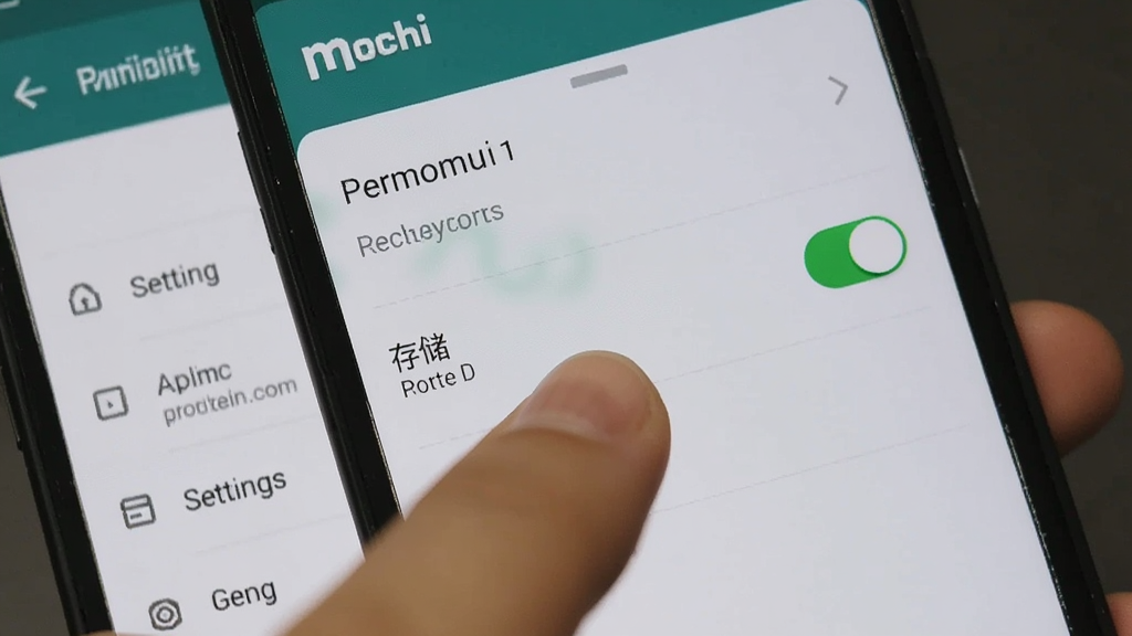 一部安卓手机屏幕上显示着mochi的应用权限管理界面,用户的手指正点击“存储”权限选项,背景是手机设置菜单,画面清晰展示了权限开关的状态,风格写实,画质干净
