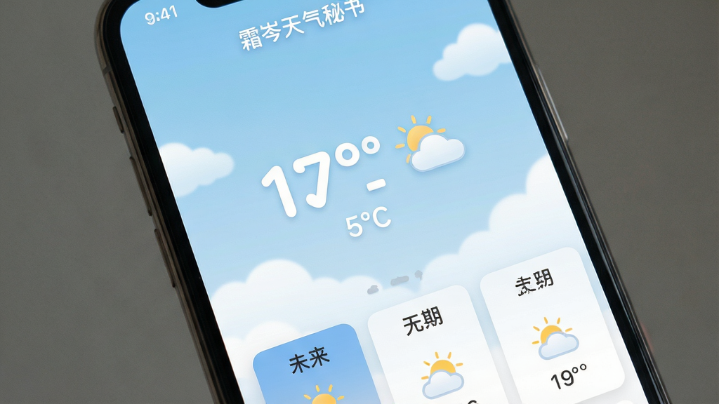 一张手机屏幕特写,屏幕显示“霜岑天气秘书”的首页界面,背景是淡蓝色天空和白云,界面中央有醒目的温度数字和天气图标,下方排列着未来几天的天气趋势卡片,界面风格清新简洁,字体清晰圆润,画质干净,无多余元素