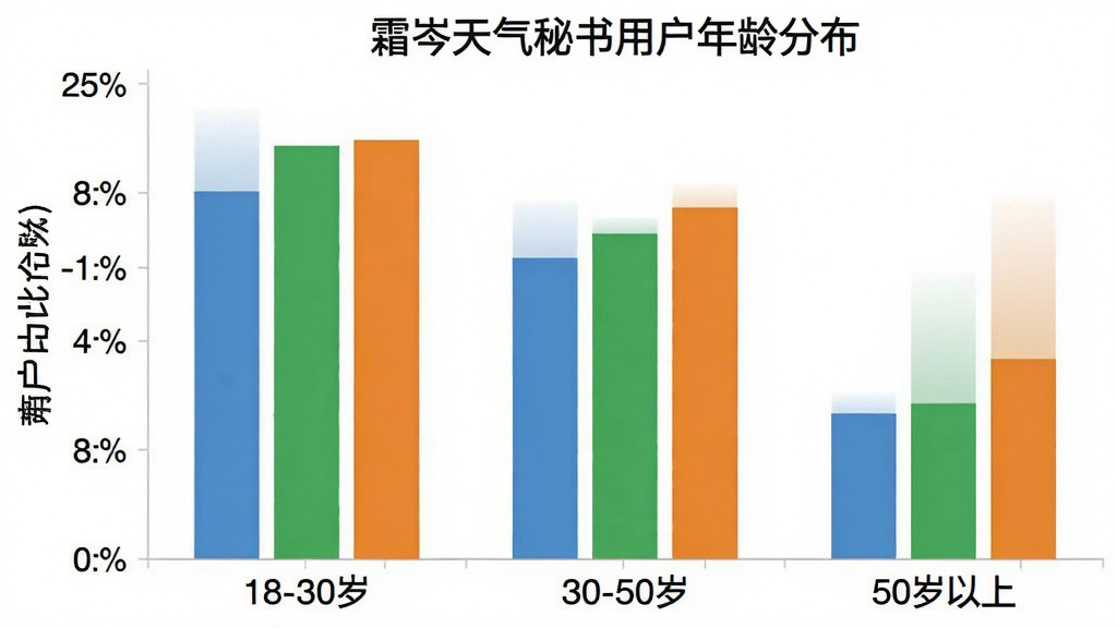 一张柱状图,横轴为年龄段“18-30岁”“30-50岁”“50岁以上”,纵轴为用户占比百分比,柱状图颜色分别为蓝色、绿色、橙色,图表标题为“霜岑天气秘书用户年龄分布”,风格简洁明了,数据清晰,画质干净无多余元素