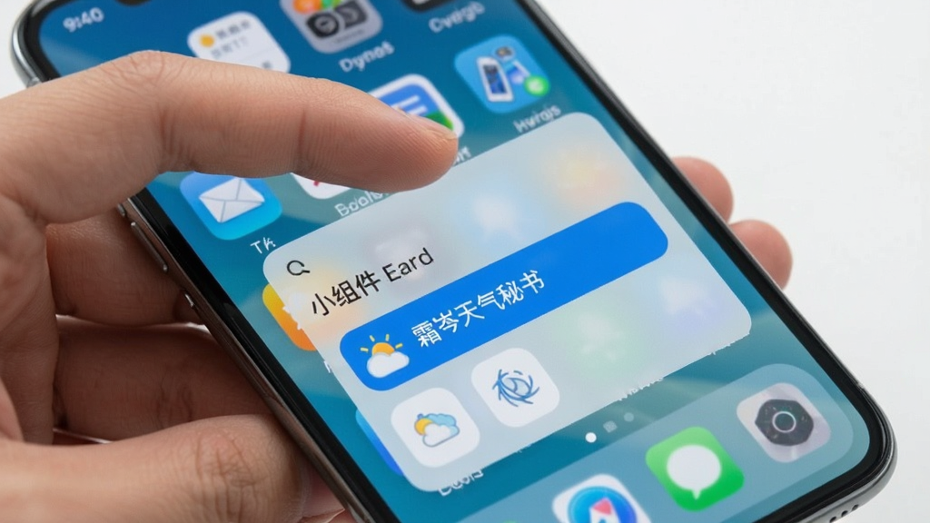 一张手机操作演示图,画面中一只手正在长按手机桌面,屏幕弹出“小组件”菜单,菜单中高亮显示“霜岑天气秘书”的选项,背景是简洁的手机桌面,风格写实,画质干净,无多余元素